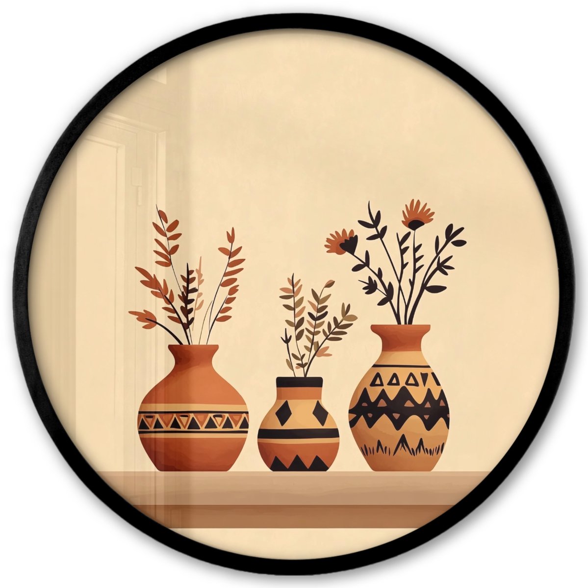 FrameYourWall Poster in lijst Rond - Fotolijst 40x40 cm - Posters - Vazen - Bloemen - Bladeren - Minimalistisch - Ronde posterlijst zwart - Decoratie - Wanddecoratie woonkamer - Muurdecoratie slaapkamer