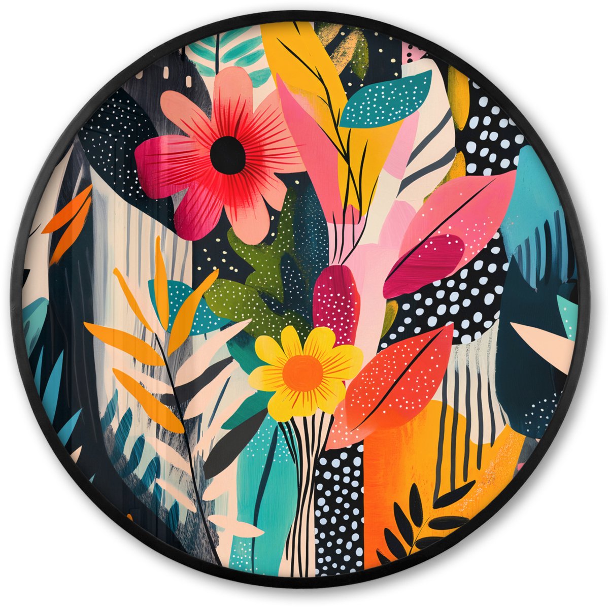 FrameYourWall Poster in lijst Rond - Fotolijst 80x80 cm - Posters - Schilderij - Abstract - Bloemen - Roze - Ronde posterlijst zwart - Decoratie - Wanddecoratie woonkamer - Muurdecoratie slaapkamer Bloemen - Bladeren - Kleurrijk