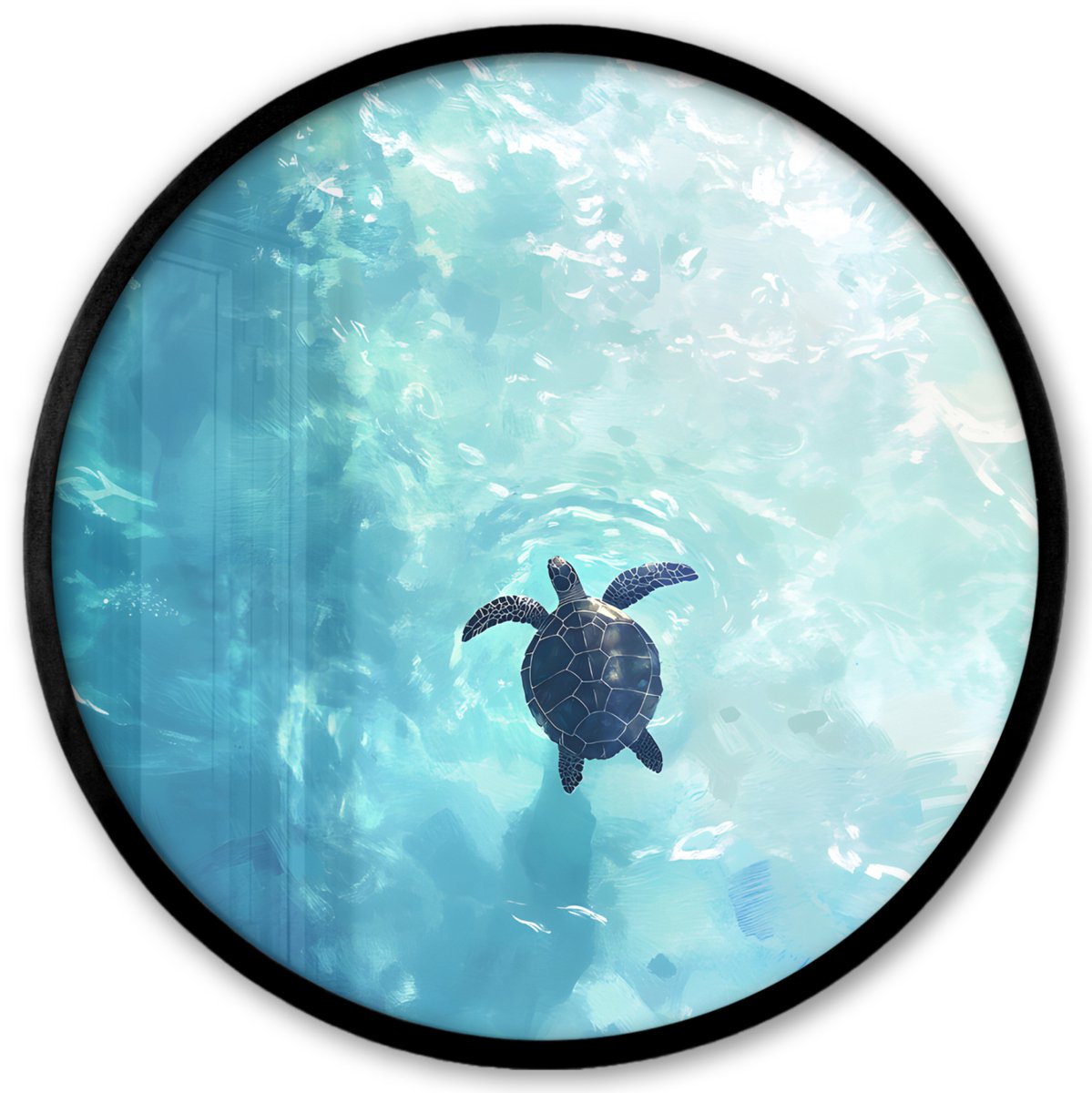 FrameYourWall Poster in lijst Rond - Fotolijst 40x40 cm - Posters - Schildpad - Zee - Blauw - Schittering - Ronde posterlijst zwart - Decoratie - Wanddecoratie woonkamer - Muurdecoratie slaapkamer