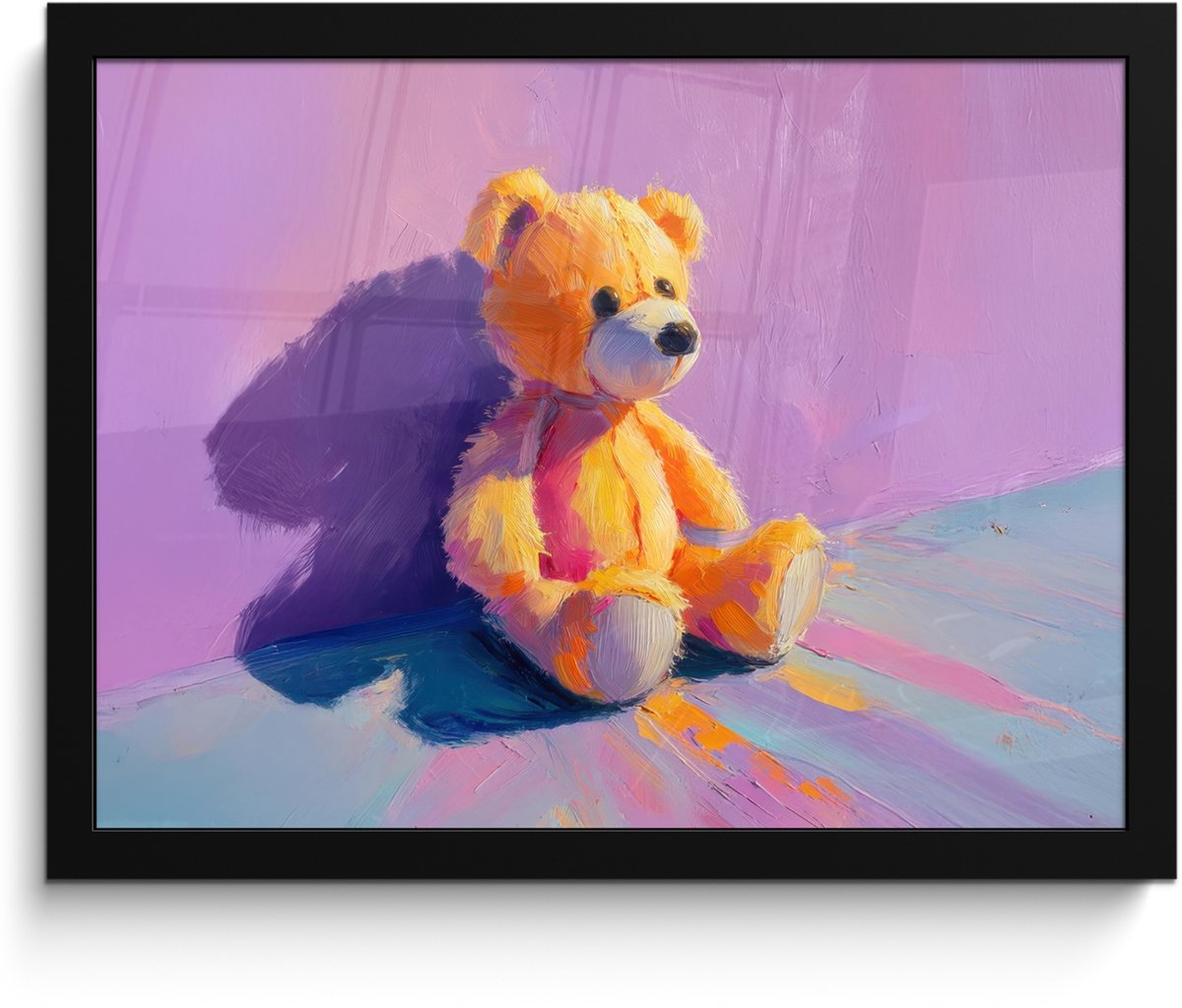 FrameYourWall Poster in lijst - Fotolijst 40x30 cm - Posters - Teddybeer - Schaduw - Penseelstreken - Paars - Posterlijst zwart - Decoratie - Wanddecoratie woonkamer - Muurdecoratie slaapkamer