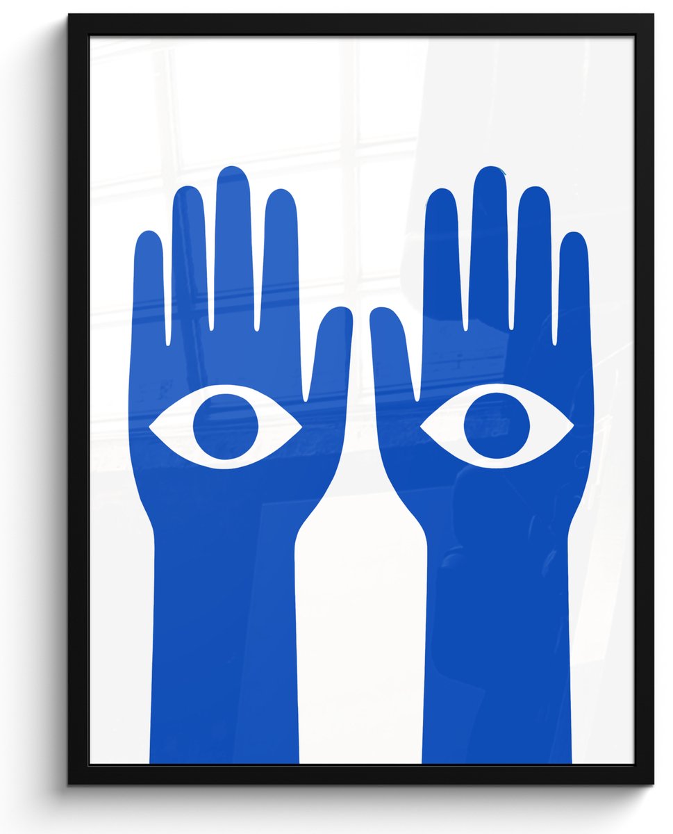 FrameYourWall Poster in lijst - Fotolijst 60x80 cm - Posters - Handen - Twee - Ogen - Blauw - Posterlijst zwart - Decoratie - Wanddecoratie woonkamer - Muurdecoratie slaapkamer Handen - Ogen