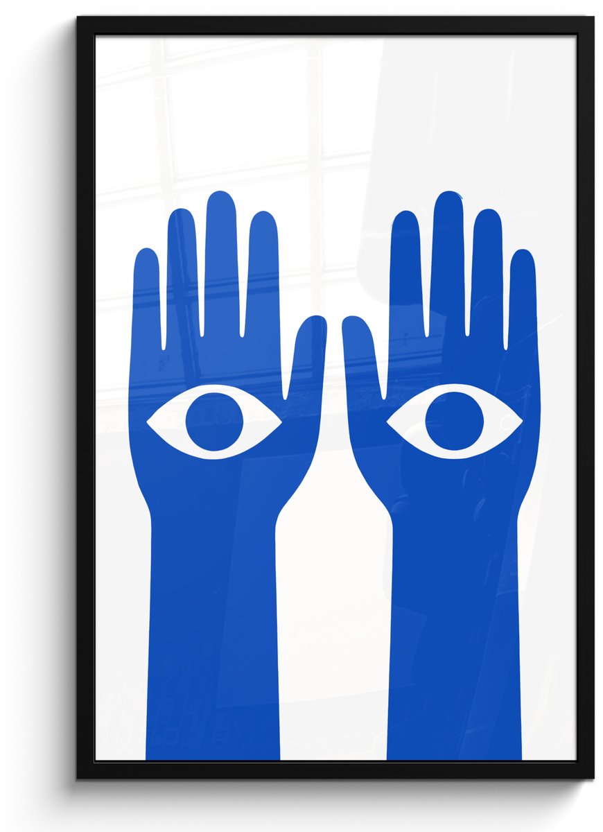 FrameYourWall Poster in lijst - Fotolijst 60x90 cm - Posters - Handen - Twee - Ogen - Blauw - Posterlijst zwart - Decoratie - Wanddecoratie woonkamer - Muurdecoratie slaapkamer Handen - Ogen