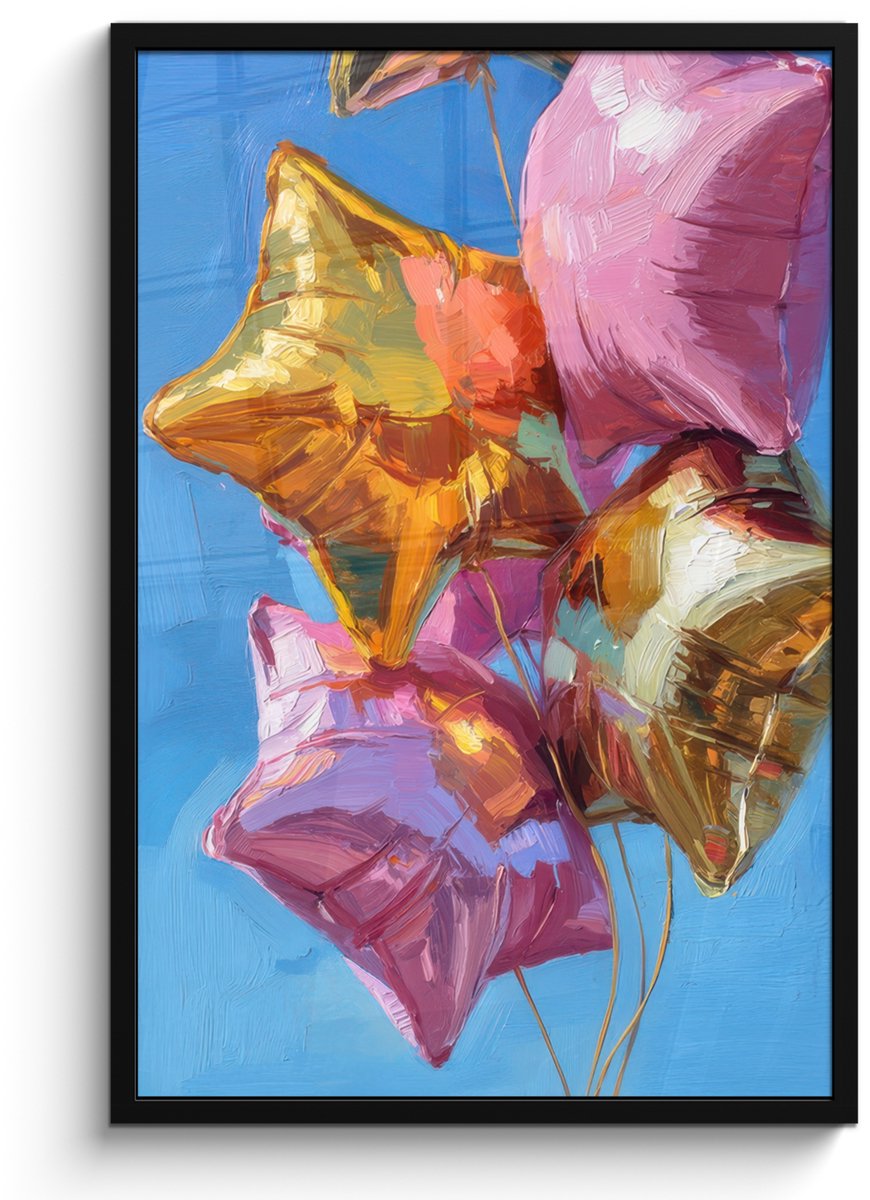 FrameYourWall Poster in lijst - Fotolijst 60x90 cm - Posters - Ballonnen - Goud - Stervorm - Roze - Posterlijst zwart - Decoratie - Wanddecoratie woonkamer - Muurdecoratie slaapkamer