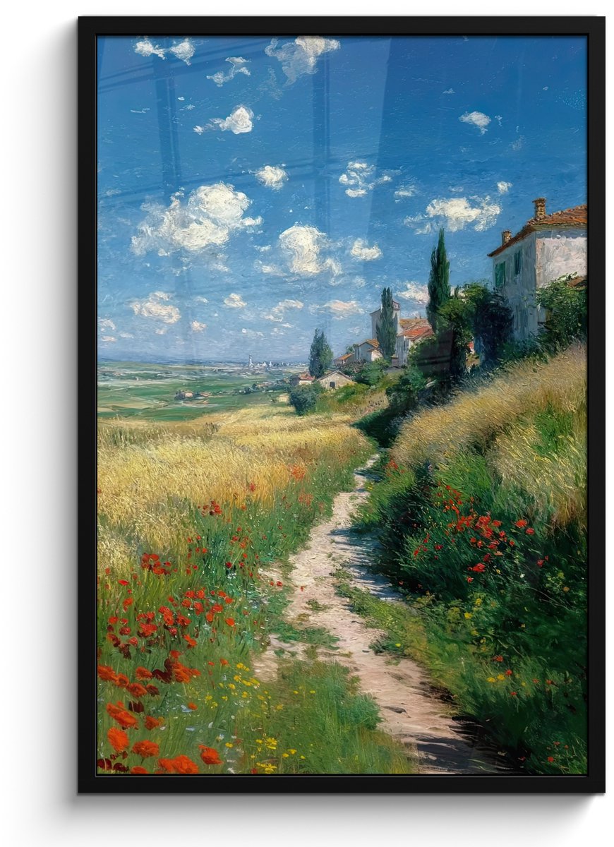 FrameYourWall Poster in lijst - Fotolijst 60x90 cm - Posters - Zandpad - Huis - Bomen - Grasveld - Posterlijst zwart - Decoratie - Wanddecoratie woonkamer - Muurdecoratie slaapkamer