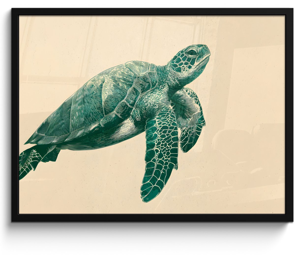 FrameYourWall Poster in lijst - Fotolijst 80x60 cm - Posters - Schildpad - Sierlijk - Groen - Schild - Posterlijst zwart - Decoratie - Wanddecoratie woonkamer - Muurdecoratie slaapkamer