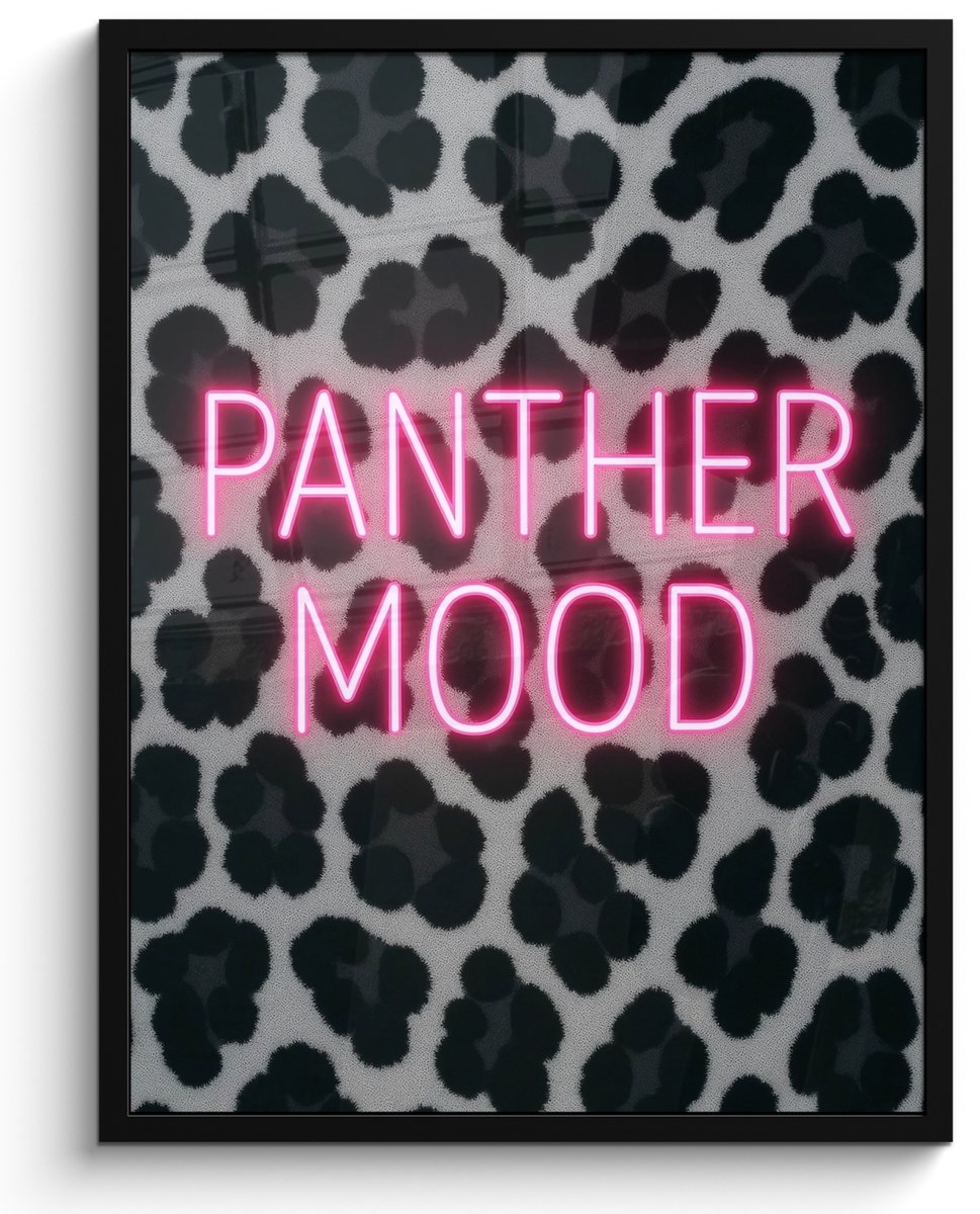 FrameYourWall Poster in lijst - Fotolijst 60x80 cm - Posters - Panterprint - Zwart - Neonletters - Roze - Posterlijst zwart - Decoratie - Wanddecoratie woonkamer - Muurdecoratie slaapkamer Panterprint - Tekst