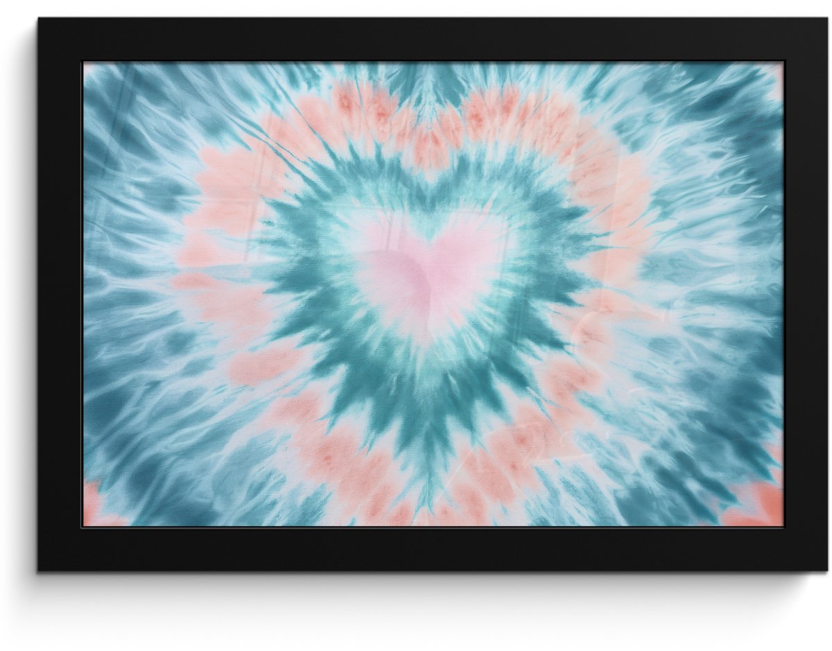 FrameYourWall Poster in lijst - Fotolijst 30x20 cm - Posters - Hartvormig - Tie dye - Pasteltinten - Lichtgroen - Posterlijst zwart - Decoratie - Wanddecoratie woonkamer - Muurdecoratie slaapkamer