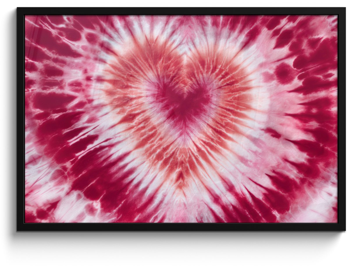 FrameYourWall Poster in lijst - Fotolijst 90x60 cm - Posters - Hartvorm - Roze - Tie dye - Posterlijst zwart - Decoratie - Wanddecoratie woonkamer - Muurdecoratie slaapkamer Hartvorm - Tie dye