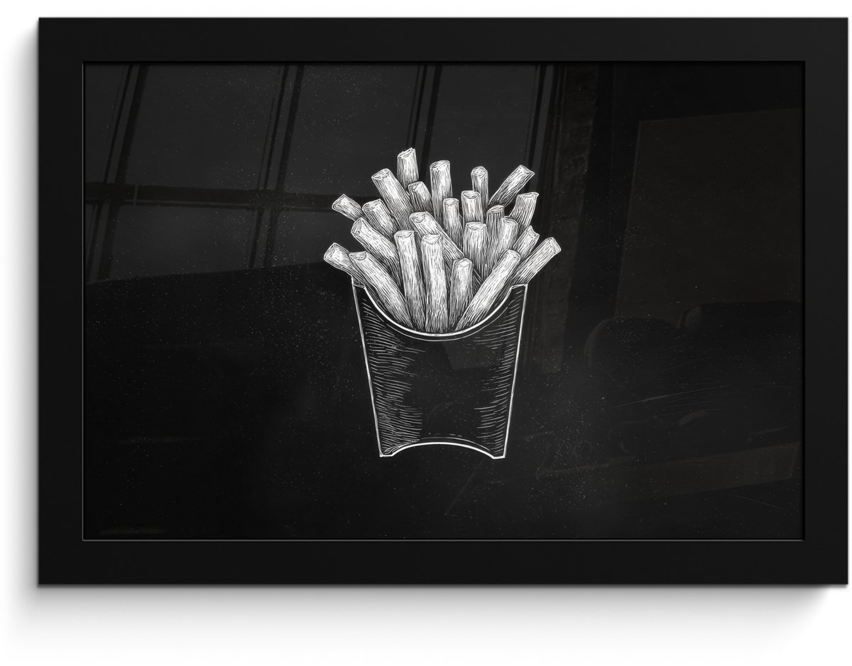 FrameYourWall Poster in lijst - Fotolijst 30x20 cm - Posters - Friet - Witte krijttekening - Zwart - Posterlijst zwart - Decoratie - Wanddecoratie woonkamer - Muurdecoratie slaapkamer