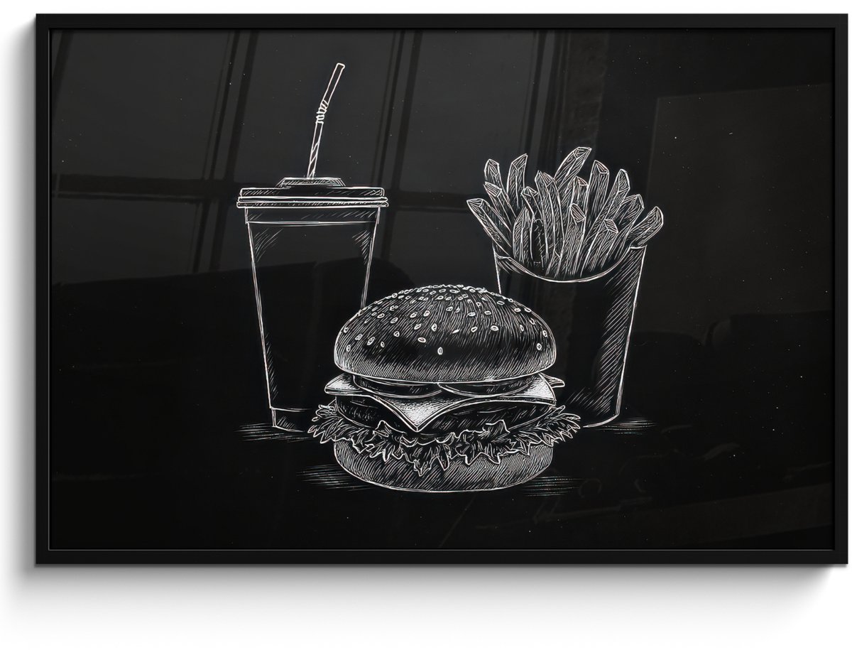 FrameYourWall Poster in lijst - Fotolijst 120x80 cm - Posters - Hamburger - Friet - Frisdrank - Krijttekening - Posterlijst zwart - Decoratie - Wanddecoratie woonkamer - Muurdecoratie slaapkamer