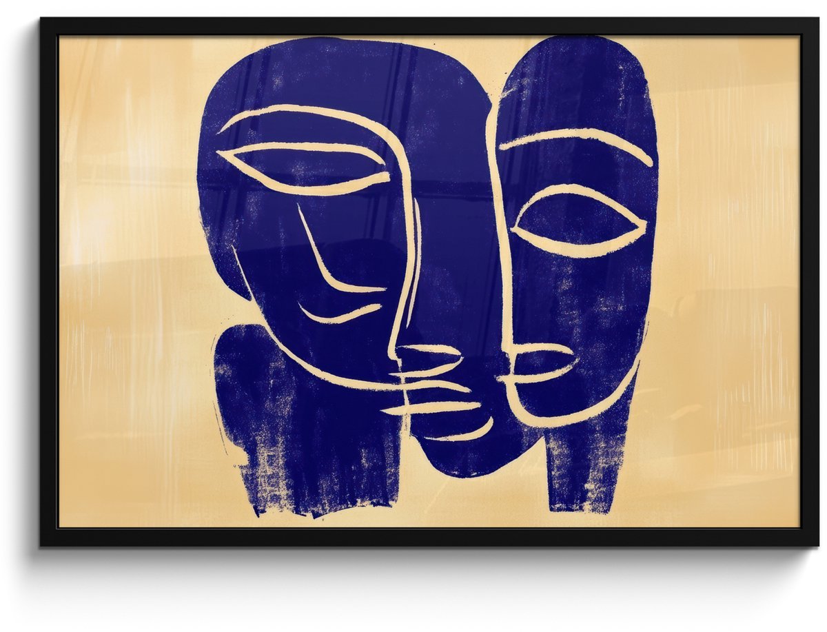 FrameYourWall Poster in lijst - Fotolijst 90x60 cm - Posters - Okergeel - Blauw - Eenvoudige lijnen - Posterlijst zwart - Decoratie - Wanddecoratie woonkamer - Muurdecoratie slaapkamer Lijnen - Gezichten