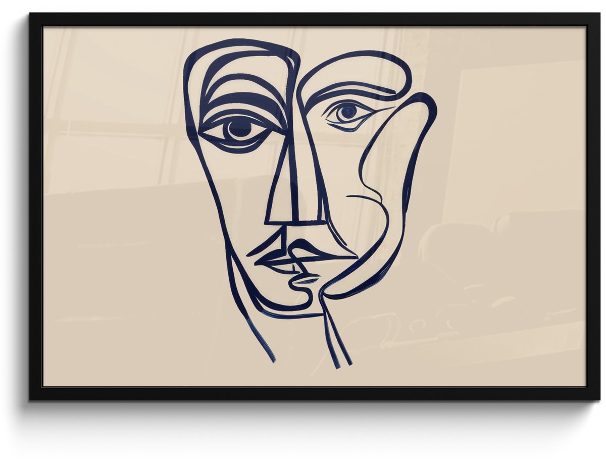 FrameYourWall Poster in lijst - Fotolijst 90x60 cm - Posters - Minimalistisch - Lijnillustratie - Beige - Donkerblauw - Posterlijst zwart - Decoratie - Wanddecoratie woonkamer - Muurdecoratie slaapkamer
