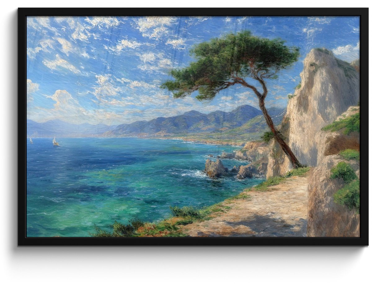 FrameYourWall Poster in lijst - Fotolijst 90x60 cm - Posters - Rotsen - Kustlijn - Boom - Bergen - Posterlijst zwart - Decoratie - Wanddecoratie woonkamer - Muurdecoratie slaapkamer