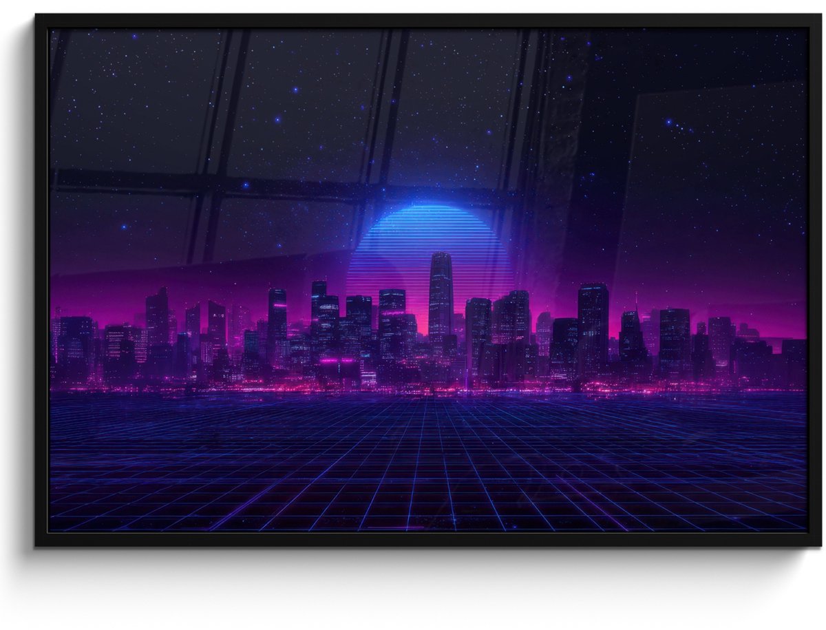 FrameYourWall Poster in lijst - Fotolijst 120x80 cm - Posters - Skyline - Zon - Neon - Rasterpatroon - Posterlijst zwart - Decoratie - Wanddecoratie woonkamer - Muurdecoratie slaapkamer Stad - Sterrenhemel - Neon