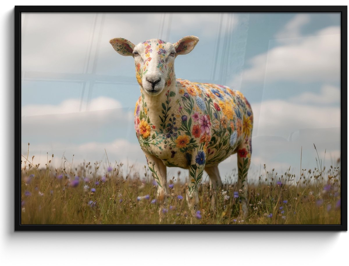 FrameYourWall Poster in lijst - Fotolijst 120x80 cm - Posters - Schaap - Bloemen - Weide - Posterlijst zwart - Decoratie - Wanddecoratie woonkamer - Muurdecoratie slaapkamer