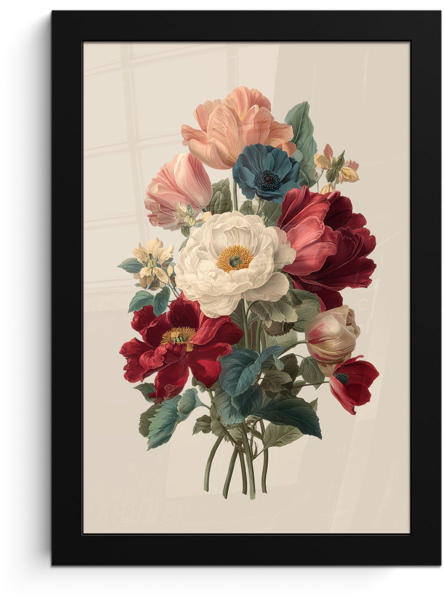 FrameYourWall Poster in lijst - Fotolijst 20x30 cm - Posters - Boeket - Warme tinten - Elegant - Posterlijst zwart - Decoratie - Wanddecoratie woonkamer - Muurdecoratie slaapkamer Boeket - Elegant