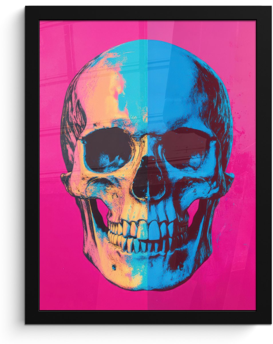 FrameYourWall Poster in lijst - Fotolijst 30x40 cm - Posters - Neon - Blauw - Pop-art - Schedel - Posterlijst zwart - Decoratie - Wanddecoratie woonkamer - Muurdecoratie slaapkamer Schedel - Neon
