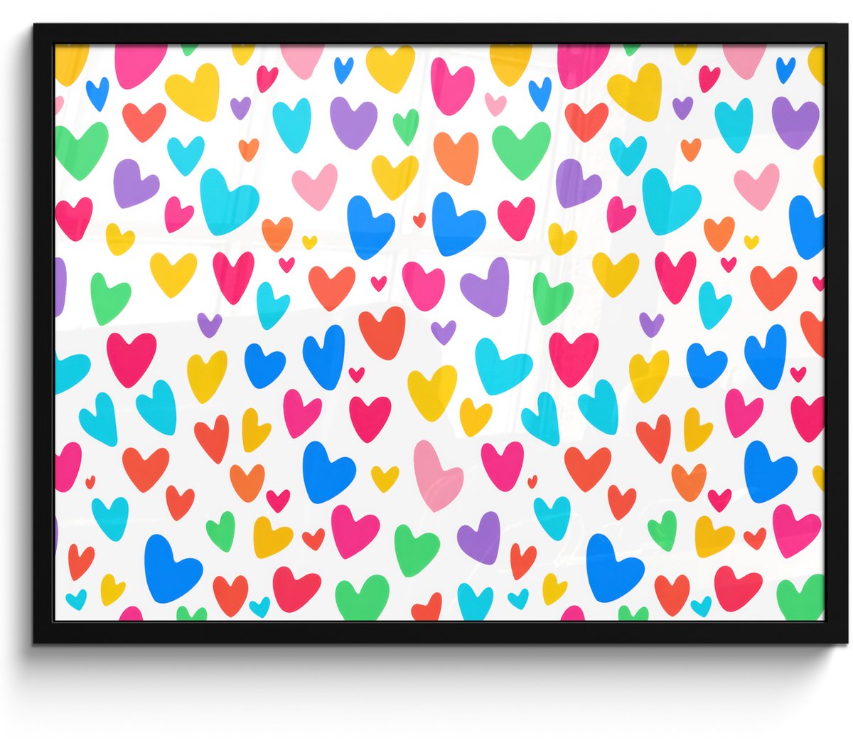 FrameYourWall Poster in lijst - Fotolijst 80x60 cm - Posters - Hartjes - Kleurrijk - Patroon - Levendig - Posterlijst zwart - Decoratie - Wanddecoratie woonkamer - Muurdecoratie slaapkamer
