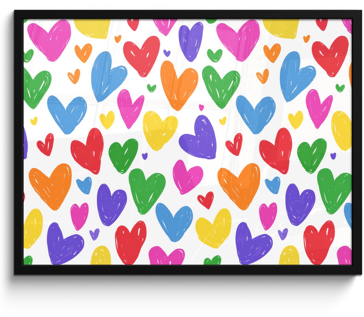 FrameYourWall Poster in lijst - Fotolijst 80x60 cm - Posters - Hartjes - Patroon - Kleurrijk - Tekening - Posterlijst zwart - Decoratie - Wanddecoratie woonkamer - Muurdecoratie slaapkamer Hartjes - Kleurrijk