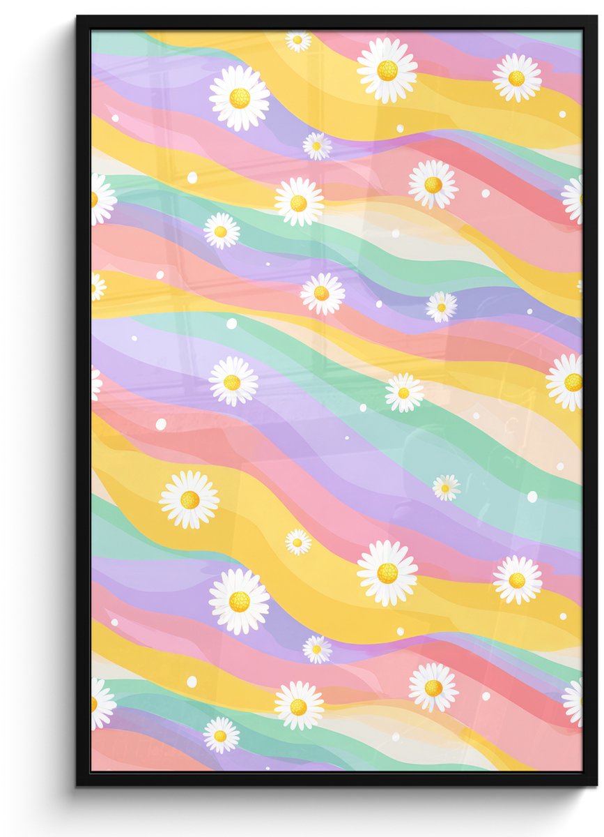 FrameYourWall Poster in lijst - Fotolijst 80x120 cm - Posters - Madeliefjes - Kleurrijk - Pastel - Vrolijk - Posterlijst zwart - Decoratie - Wanddecoratie woonkamer - Muurdecoratie slaapkamer
