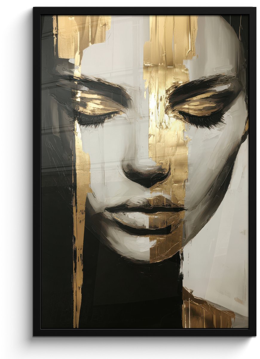 FrameYourWall Poster in lijst - Fotolijst 60x90 cm - Posters - Ogen - Gezicht - Goud - Strepen - Posterlijst zwart - Decoratie - Wanddecoratie woonkamer - Muurdecoratie slaapkamer