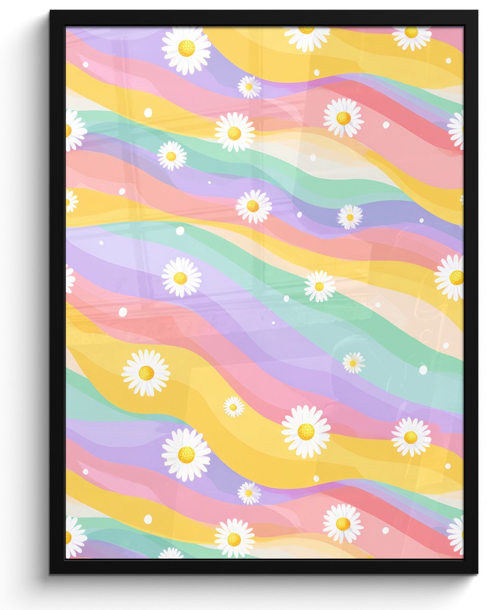 FrameYourWall Poster in lijst - Fotolijst 60x80 cm - Posters - Madeliefjes - Kleurrijk - Pastel - Vrolijk - Posterlijst zwart - Decoratie - Wanddecoratie woonkamer - Muurdecoratie slaapkamer