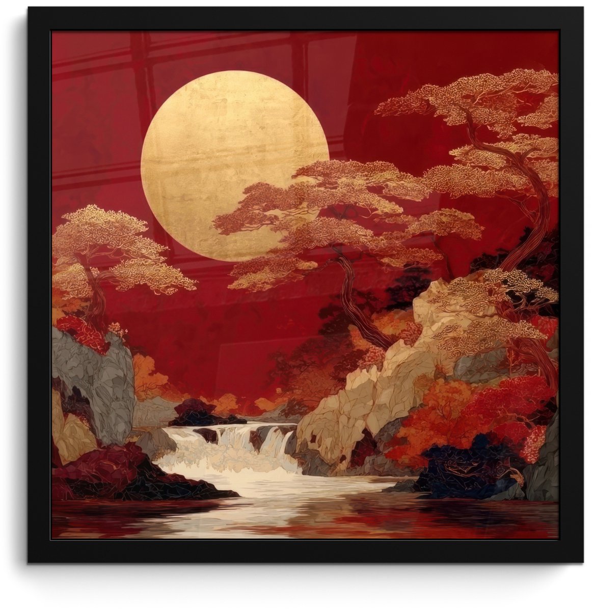 FrameYourWall Poster in lijst - Fotolijst 40x40 cm - Posters - Volle maan - Landschap - Waterval - Posterlijst zwart - Decoratie - Wanddecoratie woonkamer - Muurdecoratie slaapkamer