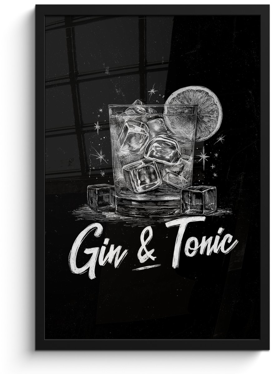 FrameYourWall Poster in lijst - Fotolijst 40x60 cm - Posters - Gin en tonic - Glas - Limoen - Ijsblokjes - Posterlijst zwart - Decoratie - Wanddecoratie woonkamer - Muurdecoratie slaapkamer Gin & tonic - Ijsblokjes
