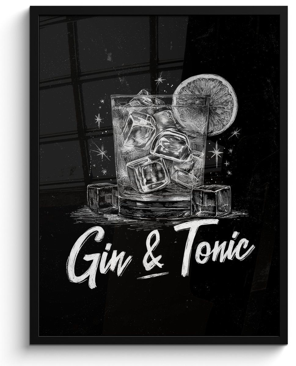 FrameYourWall Poster in lijst - Fotolijst 60x80 cm - Posters - Gin en tonic - Glas - Limoen - Ijsblokjes - Posterlijst zwart - Decoratie - Wanddecoratie woonkamer - Muurdecoratie slaapkamer Gin & tonic - Ijsblokjes
