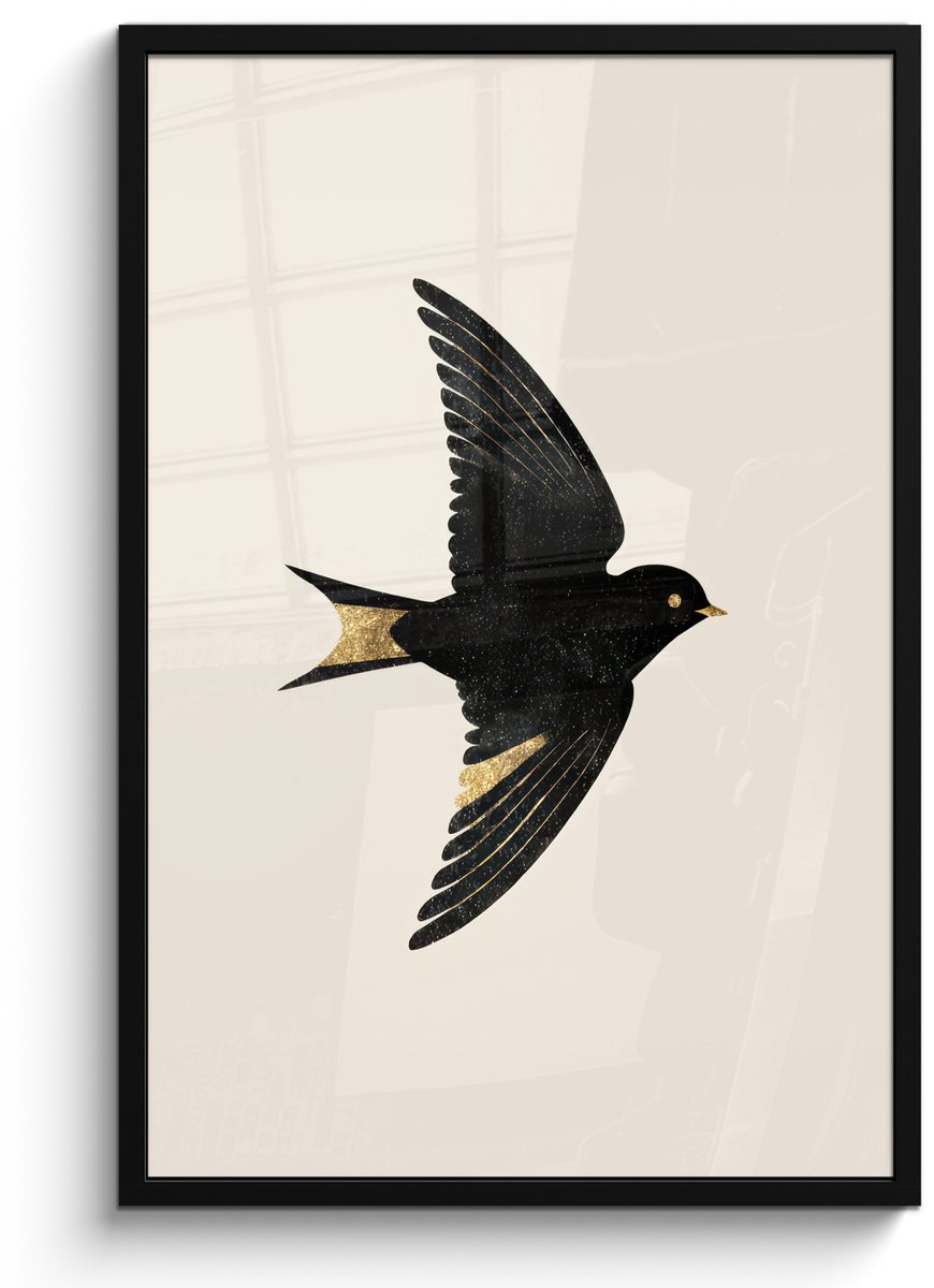 FrameYourWall Poster in lijst - Fotolijst 60x90 cm - Posters - Zwarte zwaluw - Gouden accenten - Lichte achtergrond - Posterlijst zwart - Decoratie - Wanddecoratie woonkamer - Muurdecoratie slaapkamer