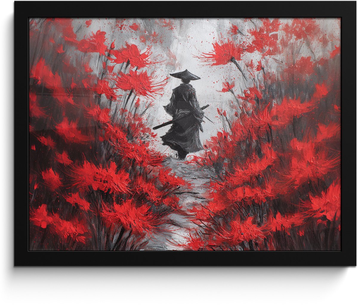 FrameYourWall Poster in lijst - Fotolijst 40x30 cm - Posters - Rode bloemen - mistig - Man - Posterlijst zwart - Decoratie - Wanddecoratie woonkamer - Muurdecoratie slaapkamer Bloemen - Man - Mistig