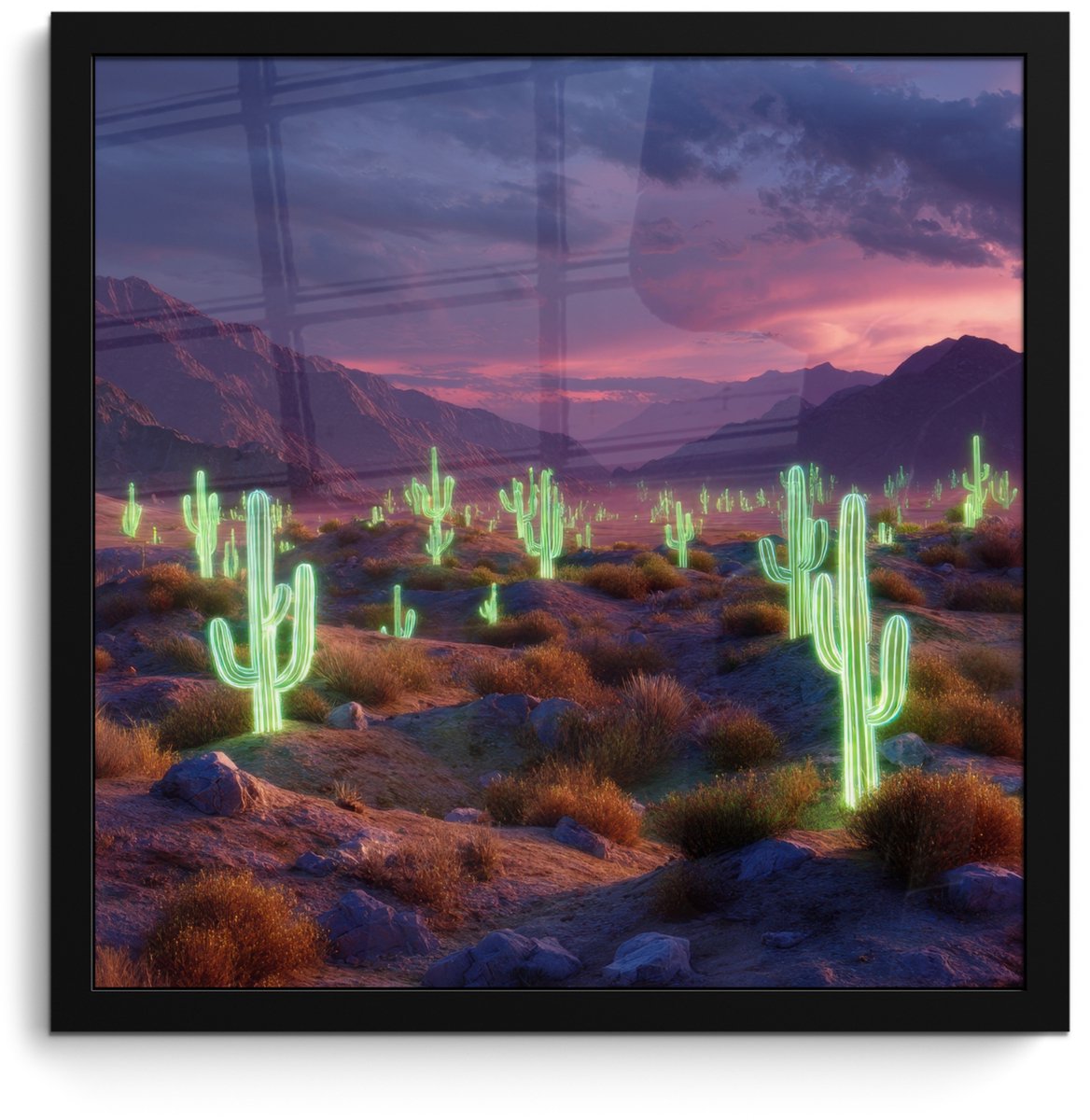 FrameYourWall Poster in lijst - Fotolijst 40x40 cm - Posters - Neon cactussen - Woestijn - Zonsondergang - Posterlijst zwart - Decoratie - Wanddecoratie woonkamer - Muurdecoratie slaapkamer Neon - cactus - Woestijn