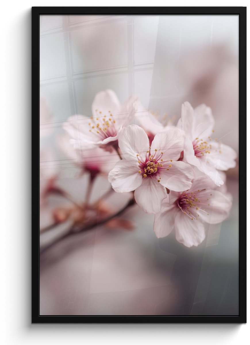 FrameYourWall Poster in lijst - Fotolijst 60x90 cm - Posters - Bloesems - Meeldraden - Geel - Wazig - Posterlijst zwart - Decoratie - Wanddecoratie woonkamer - Muurdecoratie slaapkamer