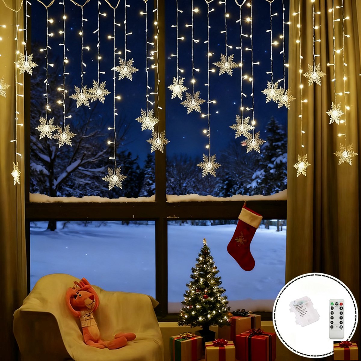 Christmas LED Kerstverlichting -Lichtgordijn Met afstandsbediening - kerst gordijnverlichting-Kerst Lichtslingers met Batterij- Vorm met Snowflakes - Kerststerren- warm wit- 4 Meter- Sfeer Verlichting