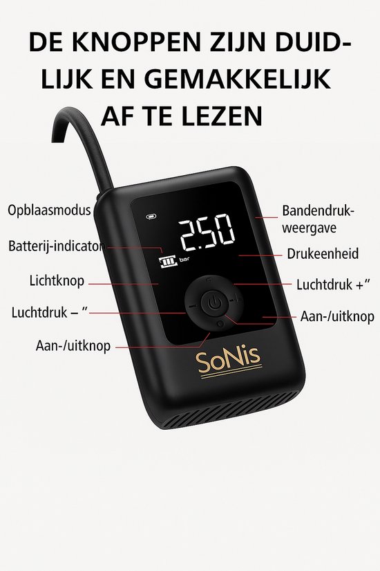 SoNis Elektrische Fietspomp - Luchtcompressor - voor Fiets, Scooter, Motor en Auto - Elektrische Bandenpomp - Oplaadbaar & Draagbaar - Bandenpomp - Compressor - Tot 10.3 Bar - Incl. Opbergzakje en Powerbankfunctie van SoNis — afbeelding 4