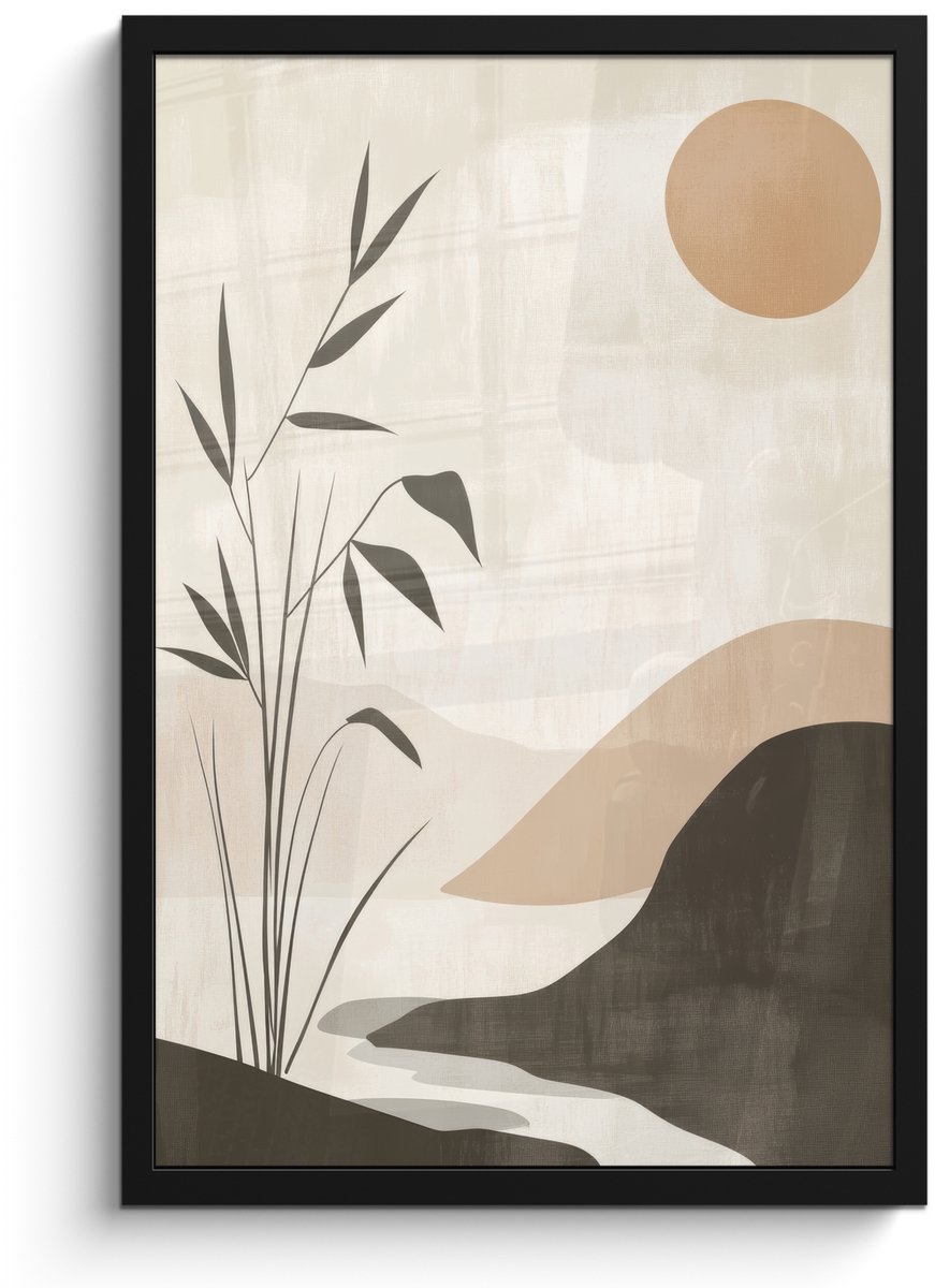 FrameYourWall Poster in lijst - Fotolijst 40x60 cm - Posters - Japandi - Landschap - Beige - Posterlijst zwart - Decoratie - Wanddecoratie woonkamer - Muurdecoratie slaapkamer Natuur