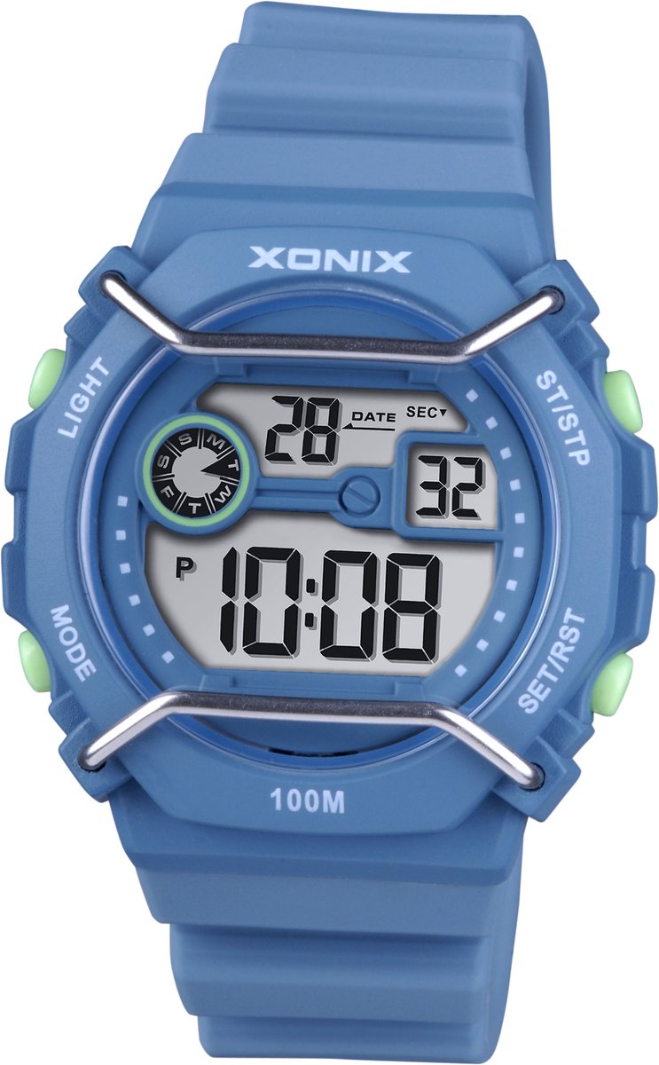 xonix-herenhorloge-model dbc-003-stopwatch-100 meter waterdicht-2 tijden -alarm-zwemmen-sporten-lichtblauw