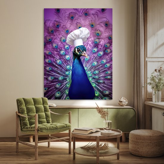 Poster 120x160 cm - Pauw - Koksmuts - Cool - Paars - Posters - Wanddecoratie keuken - Muurdecoratie woonkamer - Decoratieve accessoires - Kamer muur decoratie