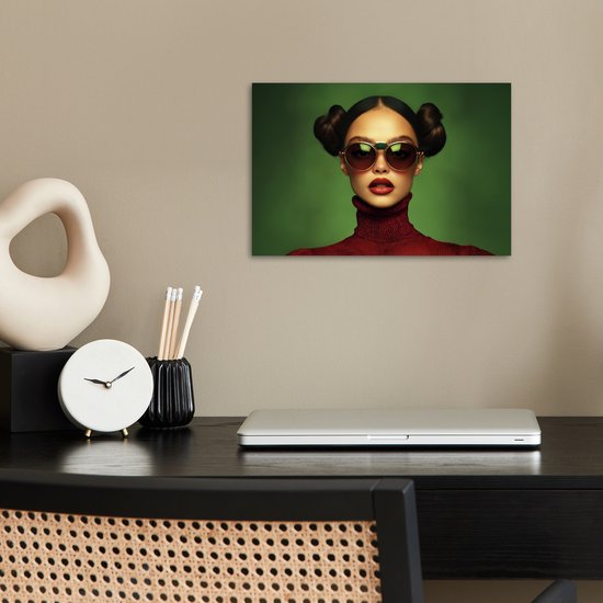 Poster 30x20 cm - Vrouw - Groen - Bril - Aesthetic - Modern - Posters - Kamer decoratie - Wanddecoratie woonkamer - Muurdecoratie slaapkamer