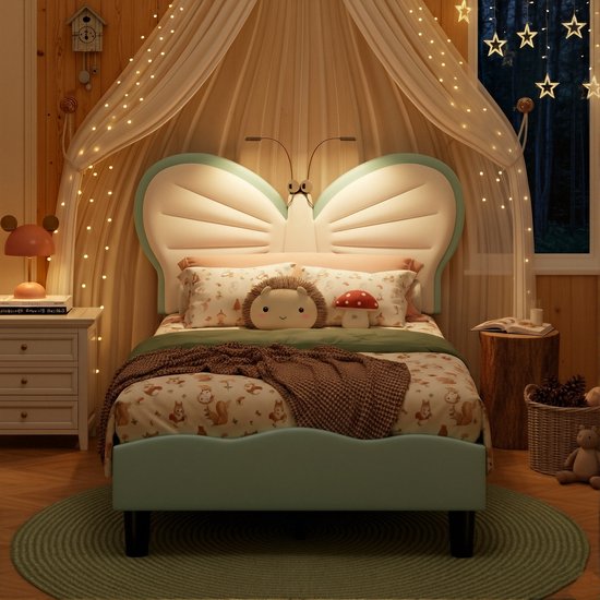 Lit papillon 90x200 cm - Lit enfant vert avec Lampes de lecture LED | Lit simple rembourré