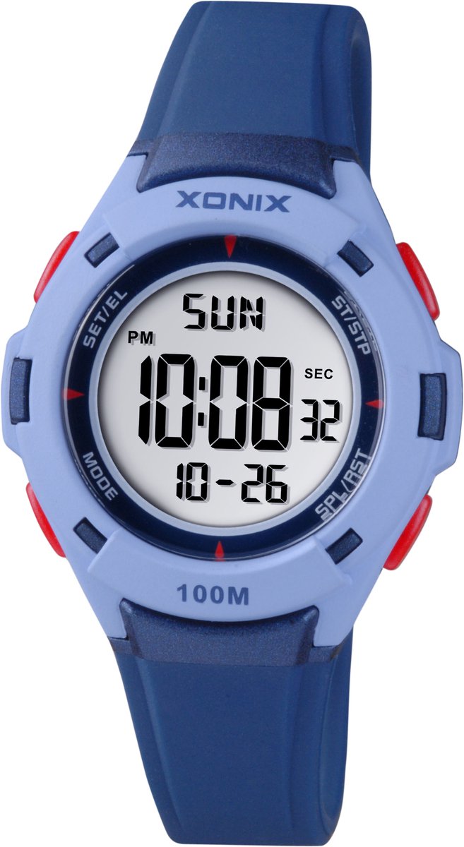 Xonix-kinderhorloge-model bbn-006-lichtblauw-donkerblauw-10 atm waterdicht-datum-licht-stopwatch-alarm-diameter 33mm-12-24 uurs aanduiding