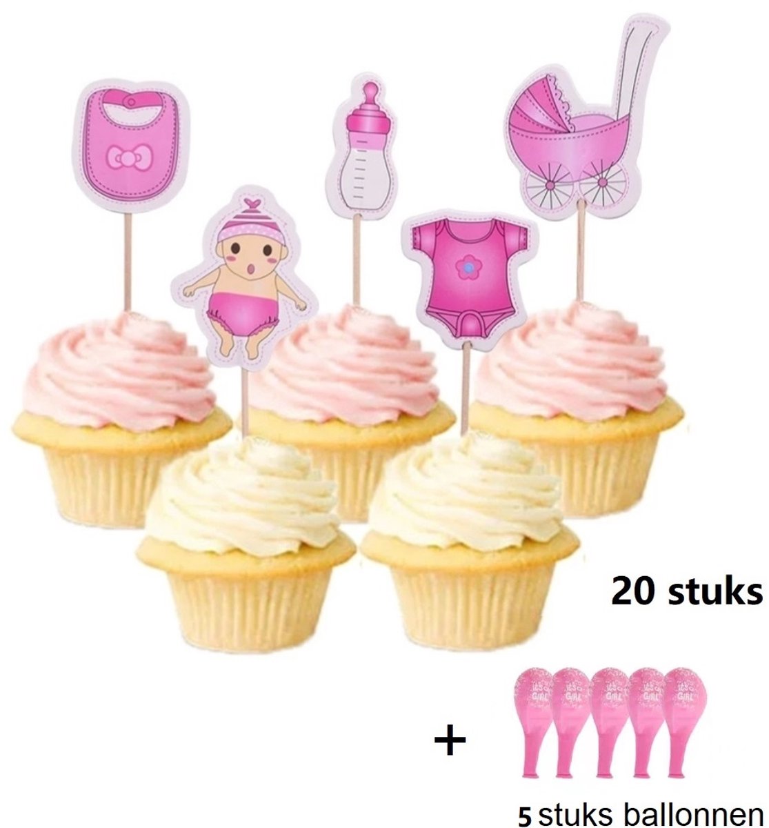 Baby girl prikkers - Versiering meisje 20 stuks cupcake toppers - Geboorte - Taart - Cake - Taart - babyshower topper - Prikkers+ 5 stuks roze ballonnen| Babyshower - Geboorte - Kraamfeest - Party - Decoratie