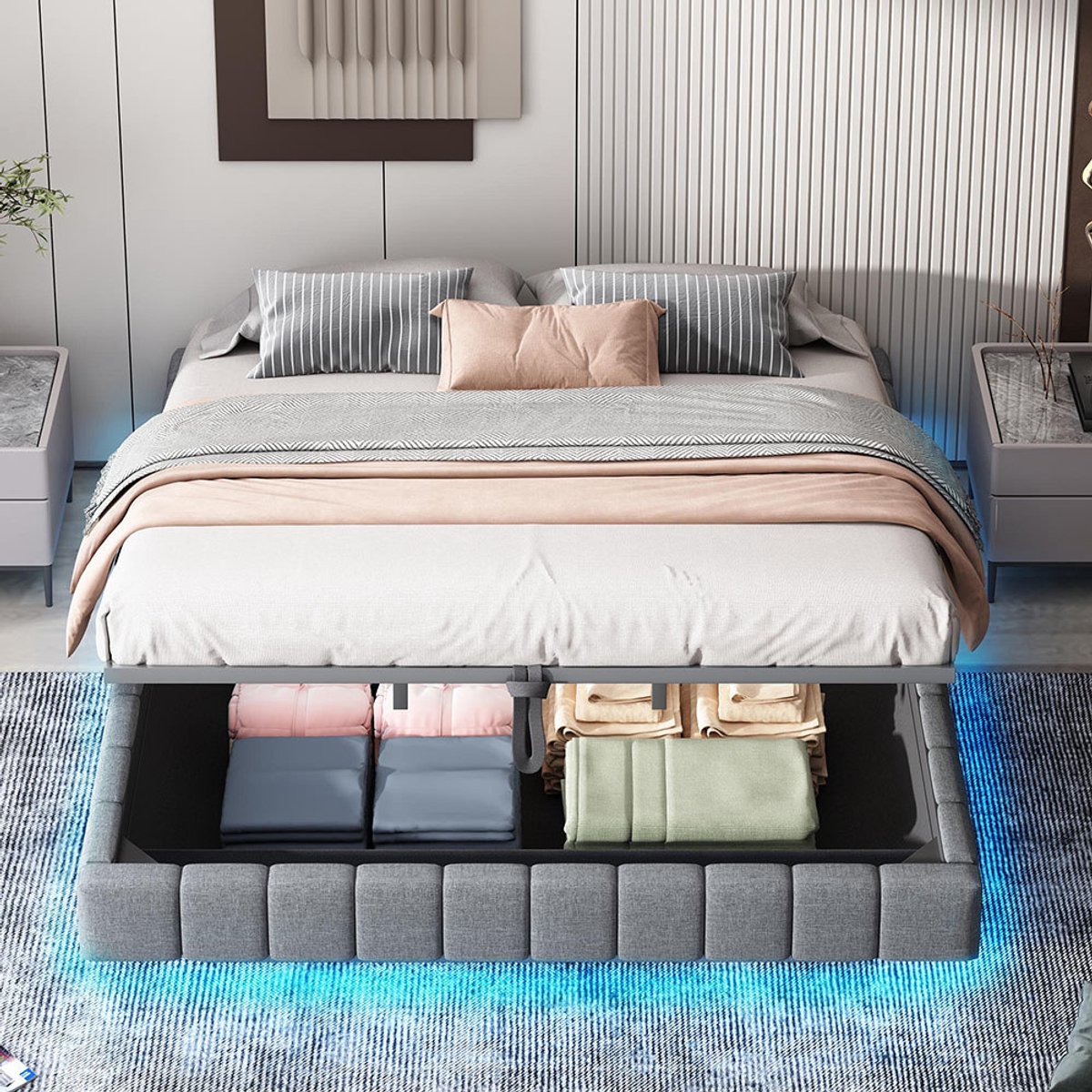 KOMHTOM BLACKCOLORS Gestoffeerd bed 180x200 cm, hydraulisch lattenbodem met opbergruimte, multifunctioneel gestoffeerd bed zonder hoofdeinde met ledverlichting, grijs linnen