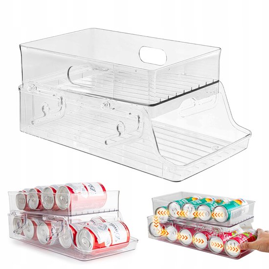 Frisdrank Opbergbox - koelkastorganizers - Automatisch Aanvullen - Doorzichtig Dubbellaags - Opvouwbaar Ruimtebesparend - Voedselveilig Plastic - Organizer voor Koelkast & Voorraadkast
