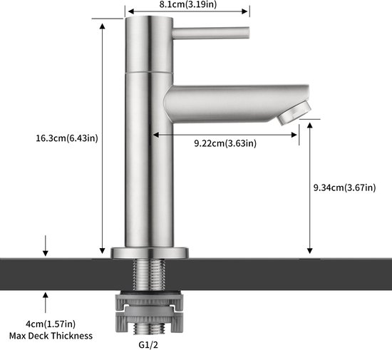 Afmetingen van een RVS wastafelkraan: hoogte 16.3cm, diepte 9.2cm, breedte 8.1cm.
