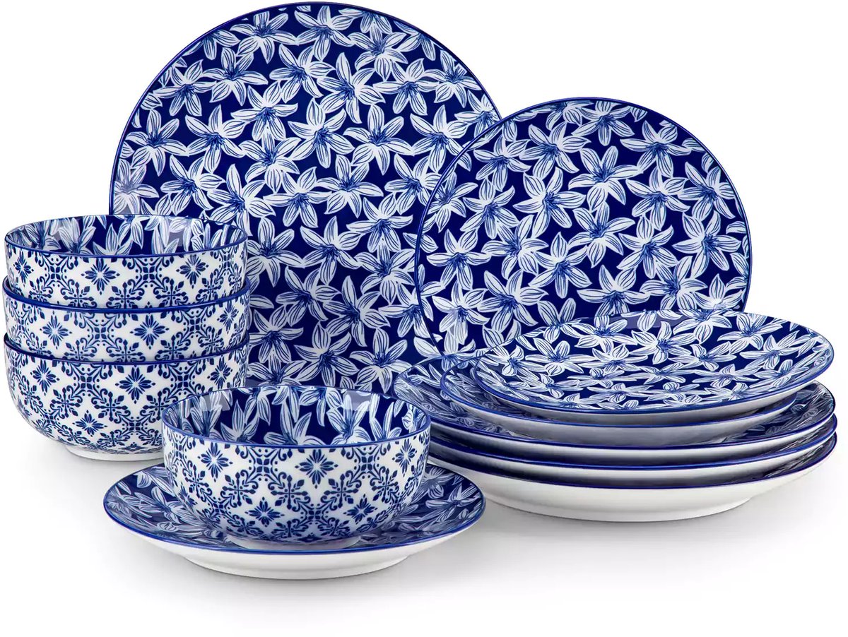 Serviesset - 4 Persoons Servies - Porselein - Dinerborden - Dessertborden - Ontbijtkommen - 12-delige Set - Blauw - Wit - Lily