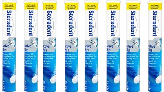 Verpakking van acht Steradent Active Plus reinigingstabletten tubes. Blauw-witte tubes met "No.1 brand recommended by dentists".