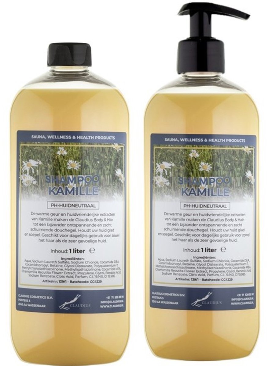 Shampoo Kamille - 1 liter (transparant) - 2 Stuks - met pomp - Voordeelverpakking - Haarverzorging