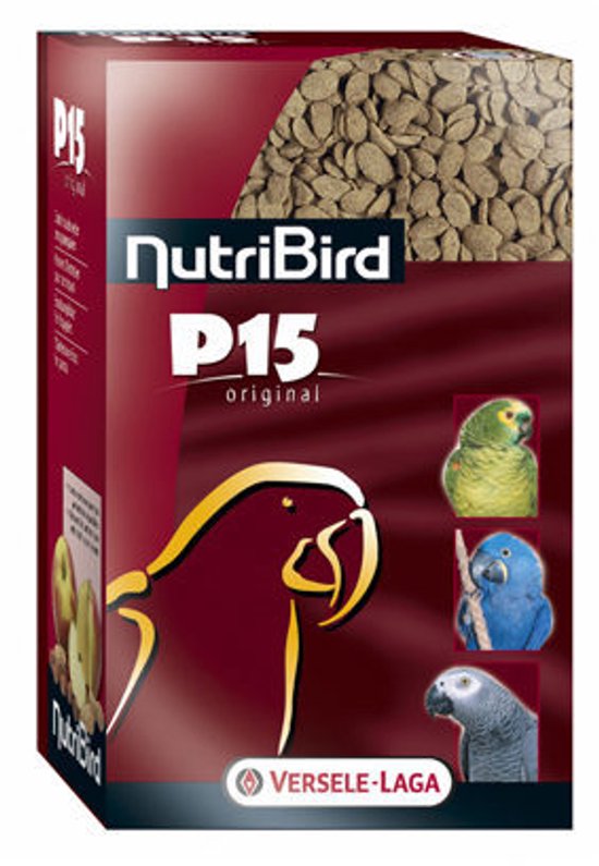 NutriBird P15 original verpakking met papegaaienafbeeldingen en vogelvoer.