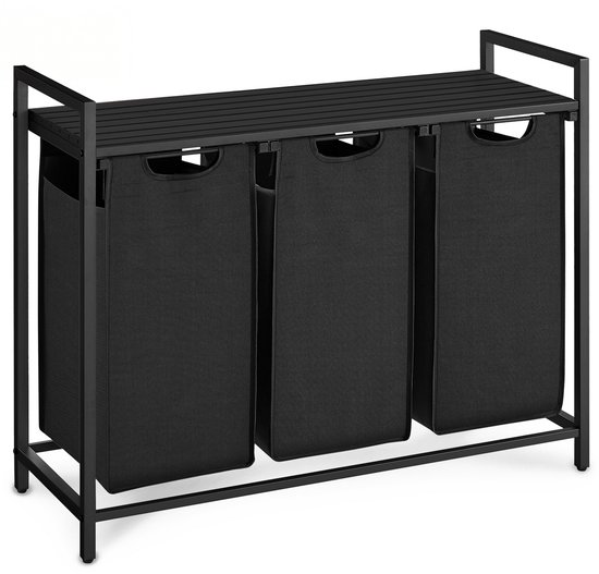O'DADDY® Panier à linge 3 compartiments - trieur de linge - extensible avec étagère - 92,5 x 33 x 71 cm - panier à linge - 114L répartis sur 3 poches - paniers à linge - panier à linge en métal noir - gris foncé